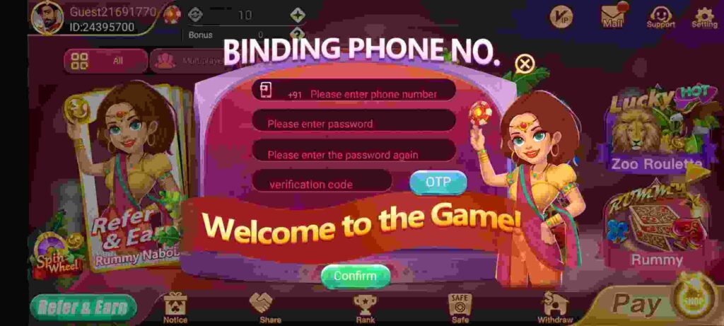 How To Binding Phone No. Rummy East Mod Apk?